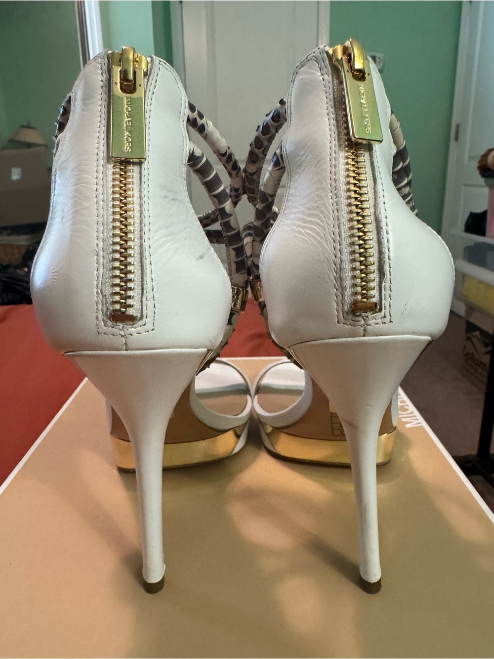 Michael Kors White Leather Heeled Sandals with Snake-Print Ankle Wrap - Picture 6 of 8
